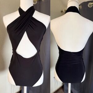 Nasty Gal Black Wrap Halter Cutout Bodice Bodysuit Size 6 Open Back Sleeveless